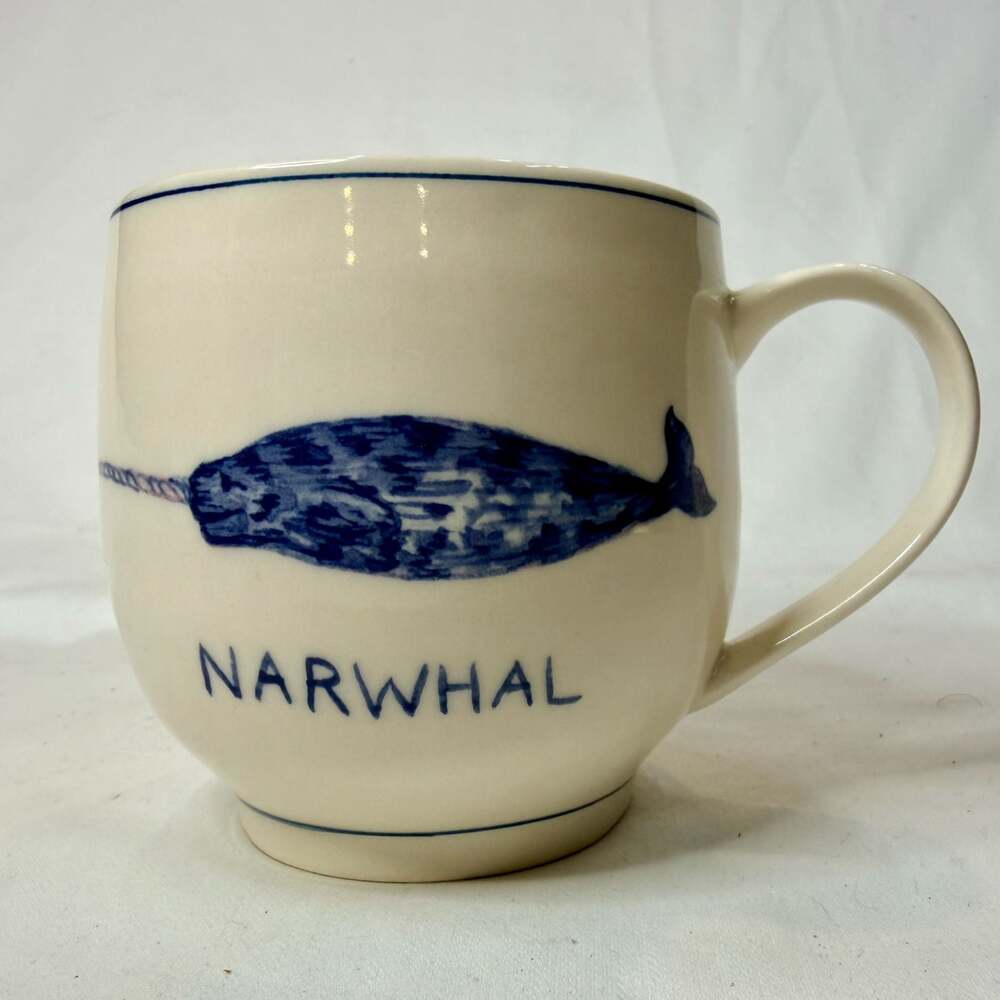 Anthropologie Molly Hatch Narwhal Ceramic Coffee Mug Blue and White